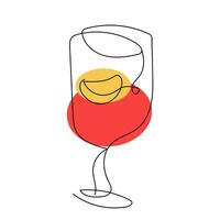 doorlopend een lijn tekening van glas met rood drinken en plak van oranje. alcohol, cocktail, wijn, fruit sap. vector geïsoleerd Aan wit. minimalisme. afdrukken, restaurant, menu, bar, cafe, brochure