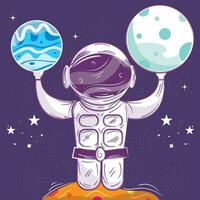 schattig schoolbord schetsen van een astronaut spelen met planeten vector illustratie