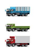 grote geïsoleerde voertuig vector kleurrijke iconen set, platte illustraties van verschillende type vrachtwagen, logistiek commercieel vervoer concept.