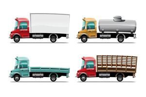 grote geïsoleerde voertuig vector kleurrijke iconen set, platte illustraties van verschillende type vrachtwagen, logistiek commercieel vervoer concept.