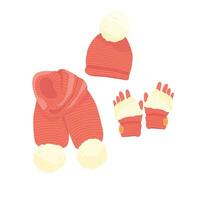 Mili gebreid warm herfst winter set. hoed, sjaal en wanten. hoofdtooi. handschoenen. vector illustratie