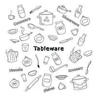 schetsen beeld van keuken servies. doodles van borden, servies, gebruiksvoorwerpen, kookgerei, servies, bestek, keukengerei vector
