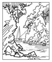 hand- tekening kleur bladzijde voor kinderen en volwassenen. wild natuur, zee, bomen, bergen en boot, het zeilen schip. kleur boek afbeeldingen. vector illustratie