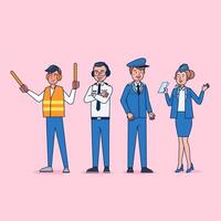 karakterverzameling van piloot en stewardess grote set geïsoleerde platte vectorillustratie met professioneel uniform, cartoonstijl vector