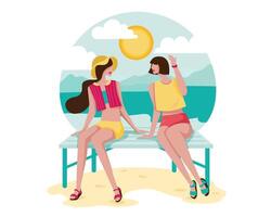 grote geïsoleerde cartoon stijl gelukkige jonge vrouw zitten en roddelen op het strand, platte vectorillustratie vector