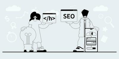 een team dat is gespecialiseerd in seo . modieus voorbeeld in een analoog manier. modieus stijl, vector illustratie