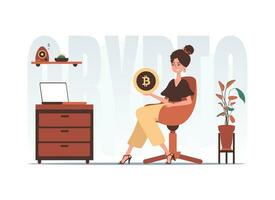 de concept van mijnbouw en extractie van bitcoins. een vrouw zit in een stoel en houdt een bitcoin in de het formulier van een munt in haar handen. karakter met een modern stijl. vector