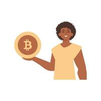 de vent houdt een bitcoin munt in zijn handen. karakter met een wijnoogst stijl. vector