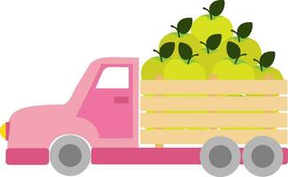 vector illustratie met roze vrachtauto met groen appels in tekenfilm stijl