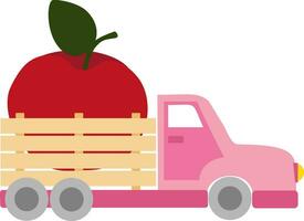 vector illustratie met roze vrachtauto met rood appel in tekenfilm stijl
