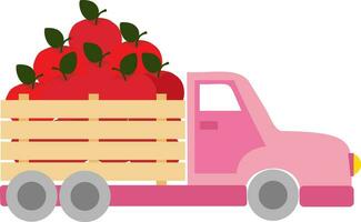 vector illustratie met roze vrachtauto met rood appels in tekenfilm stijl
