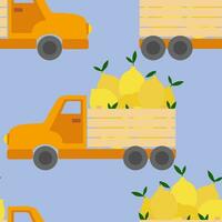 vector naadloos patroon met oranje vrachtwagens met citroenen in tekenfilm stijl