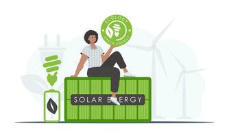 de concept van ecologie en groen energie. de vent zit Aan de zonne- paneel en houdt de eco logo in zijn handen. vector neiging illustratie.