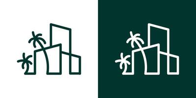 logo ontwerp inspiratie voor een gebouw met palm bomen gemaakt in een minimalistische lijn stijl. vector
