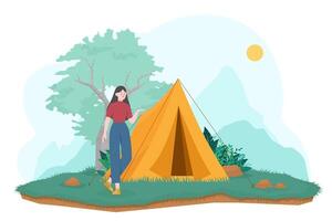 toeristische zomer camping vectorillustratie met camping tenten buiten natuur avontuur vector