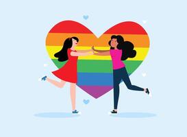 liefdevol lesbisch koppel dat naar elkaar toe rent op de achtergrond van het lgbt-hart, platte vectorillustratiesticker vector