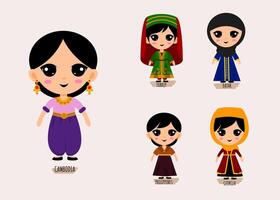 set van mensen in traditionele Aziatische kleding stripfiguren vector