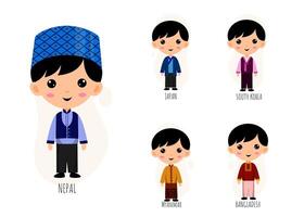 set van mensen in traditionele Aziatische kleding stripfiguren vector