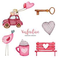 Valentijnsdag set elementen vogel, auto, bank, sleutel en meer. sjabloon voor sticker kit, groet, gefeliciteerd, uitnodigingen, planners. vector illustratie