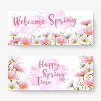 twee lente banner achtergrond met pastel kleur. welkom lente, gelukkige lentetijd. wenskaart met bloemen en bladeren vector. vector