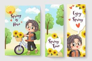 kleine jongen fietsen in de lente thema illustratie voor kinderen mode kunstwerken, kinderboeken, prenten, t-shirt afbeelding. vector