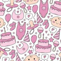 kinderkamer naadloos patroon met roze krabbels, geschetst elementen, tekenfilm voorwerpen voor baby douche afdrukken, scrapbooken, behang, omhulsel papier, stationair, enz. eps 10 vector
