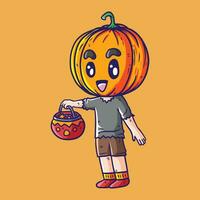 schattig jongen vector illustratie in halloween jack-o'-lantern kostuum naar Gaan truc of behandelen. gelukkig halloween.