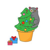 de kat beklommen omhoog de cactus boom. nieuw jaar en kerstmis. vector