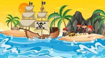 Treasure Island-scène in zonsondergangtijd met piratenkinderen vector