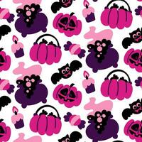 naadloos patroon in roze, zwart en Purper kleuren voor halloween. snoep mand, ketel, knuppel, pompoen, kaars Aan een wit achtergrond vector illustratie in tekenfilm stijl. verpakking, partij