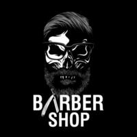 kapper winkel ontwerp met schedel, baard, haar- en scheermes ontwerp element voor logo, poster, kaart, banier, embleem, t shirt. vector illustratie