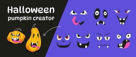 halloween set. creëren uw eigen por ontwerp. ontwerper van de symbool van een oranje pompoen met divers ogen, neus- en glimlach. vector illustratie. reeks voor ontwerp uw stickers, partij uitnodigingen.