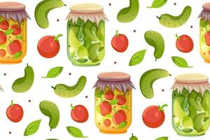 glas potten met bewaard gebleven voedsel naadloos patroon. komkommers en tomaat vector vlak illustratie. patroon voor verpakking of textiel ontwerp. oogst.