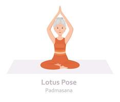 lotus yoga houding. padmasana. ouderen vrouw beoefenen yoga asana. gezond levensstijl. vlak tekenfilm karakter. vector illustratie