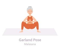 slinger yoga houding. Malasana. ouderen vrouw beoefenen yoga asana. gezond levensstijl. vlak tekenfilm karakter. vector illustratie