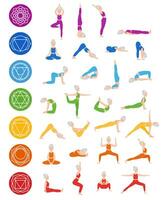 reeks van poses ouderen vrouw yoga. chakra yoga asana. chakra systemen van menselijk lichaam. gezond levensstijl. vlak tekenfilm karakter. vector illustratie