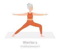 krijger 2 yoga houding. virabhadrasana ii. ouderen vrouw beoefenen yoga asana. gezond levensstijl. vlak tekenfilm karakter. vector illustratie