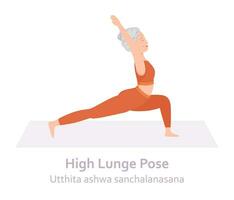 hoog uithaal yoga houding. utthita aswa sanchalanasana. ouderen vrouw beoefenen yoga asana. gezond levensstijl. vlak tekenfilm karakter. vector illustratie