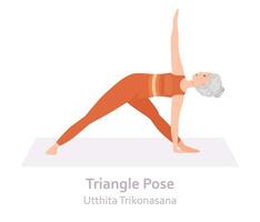 driehoek yoga houding. utthita trikonasana. ouderen vrouw beoefenen yoga asana. gezond levensstijl. vlak tekenfilm karakter. vector illustratie