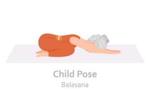 kind yoga houding. balasana. ouderen vrouw beoefenen yoga asana. gezond levensstijl. vlak tekenfilm karakter. vector illustratie