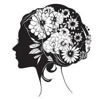 silhouet van een meisjes hoofd met bloemen in haar haar- schetsen hand- getrokken vector illustratie