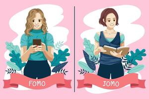 fomo en jomo-concept. angst om iets te missen, vreugde om iets te missen vector