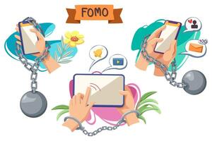 fomo en jomo-concept. angst om iets te missen, vreugde om iets te missen vector