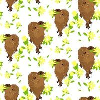 patroon schattig capibara geeft een bloem. een grappig karakter is een dier in een weide met bloemen. charmant schattig kawaii baby capibara knaagdier. kinderen Scandinavisch vlak vector illustratie gemarkeerd