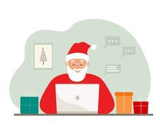 modern de kerstman claus zit Bij een laptop, bereidt zich voor cadeaus voor kerstmis, antwoorden berichten. vector vlak grafiek.