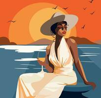 toevlucht zomer vakantie. een jong vrouw in een jurk zit Aan een terras door de zee met een glas in haar handen tegen de backdrop van een zonsondergang zeegezicht. meisje toerist Aan vakantie. vlak ontwerp vector