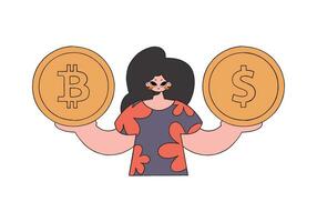 vrouw Holding bitcoin en dollar. karakter modieus retro stijl. vector