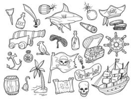 piraten themed uit de vrije hand tekeningen set. symbolen van piraterij - hoed, Zwaarden, geweren, schat borst, schip, zwart vlag, vrolijk roger embleem, schedel en gekruiste knekels, kompas, kostuum elementen. vector