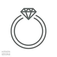 diamant ring lijn icoon. vrouw bruiloft ring glimmend elegant voor verloofde relatie. verloving sieraden. huwelijk juweel accessoire. bewerkbare hartinfarct. vector illustratie. ontwerp Aan wit achtergrond eps 10