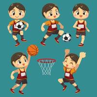 set van sportman met basketbal en voetbal in stripfiguur vector